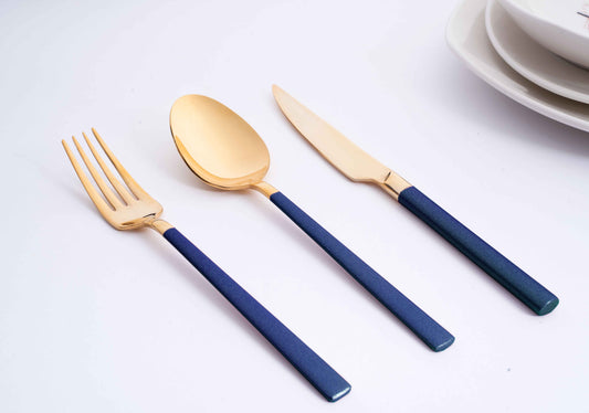 DALYAN - COLORS - Dark Blue + Gold - 12 Person - 89 Piece - Boxed Cutlery Set