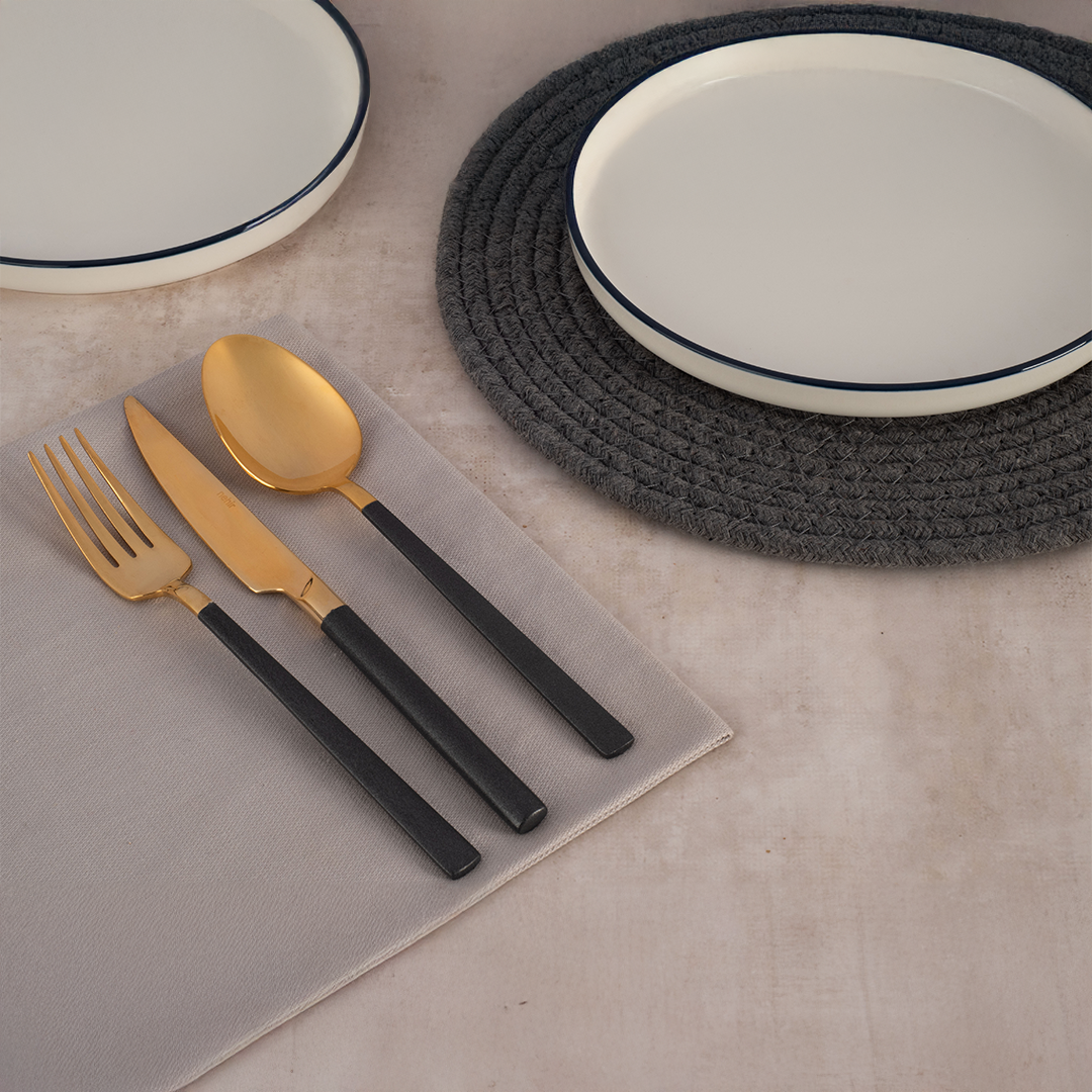 DALYAN - COLORS - Black + Gold - 12 Person - 89 Piece - Boxed Cutlery Set