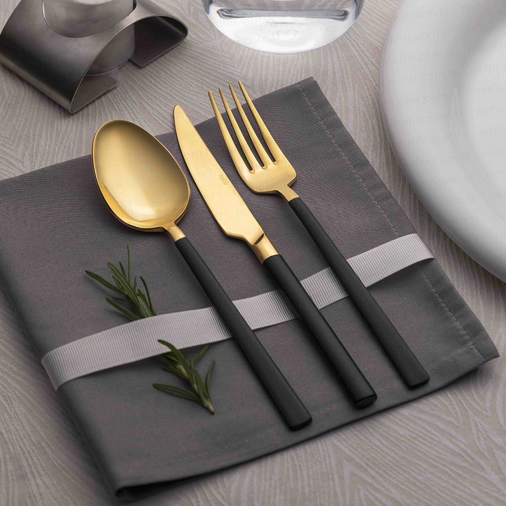 DALYAN - COLORS - Black + Gold - 12 Person - 89 Piece - Boxed Cutlery Set