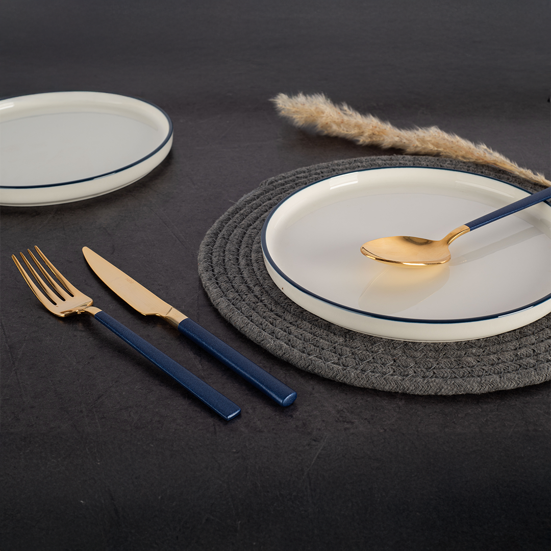 DALYAN - COLORS - Dark Blue + Gold - 12 Person - 89 Piece - Boxed Cutlery Set