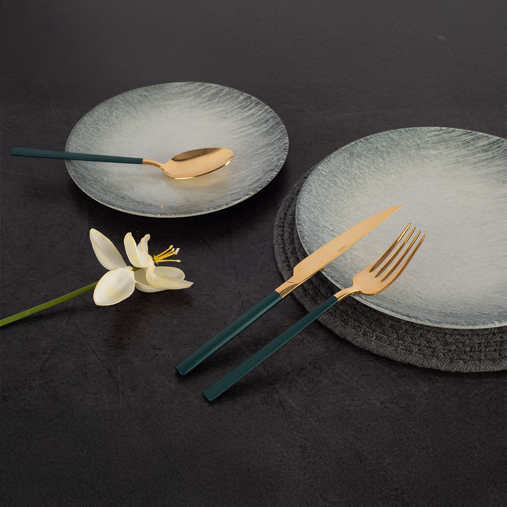 DALYAN - COLORS - Green + Gold -12 Person - 89 Piece - Boxed Cutlery Set