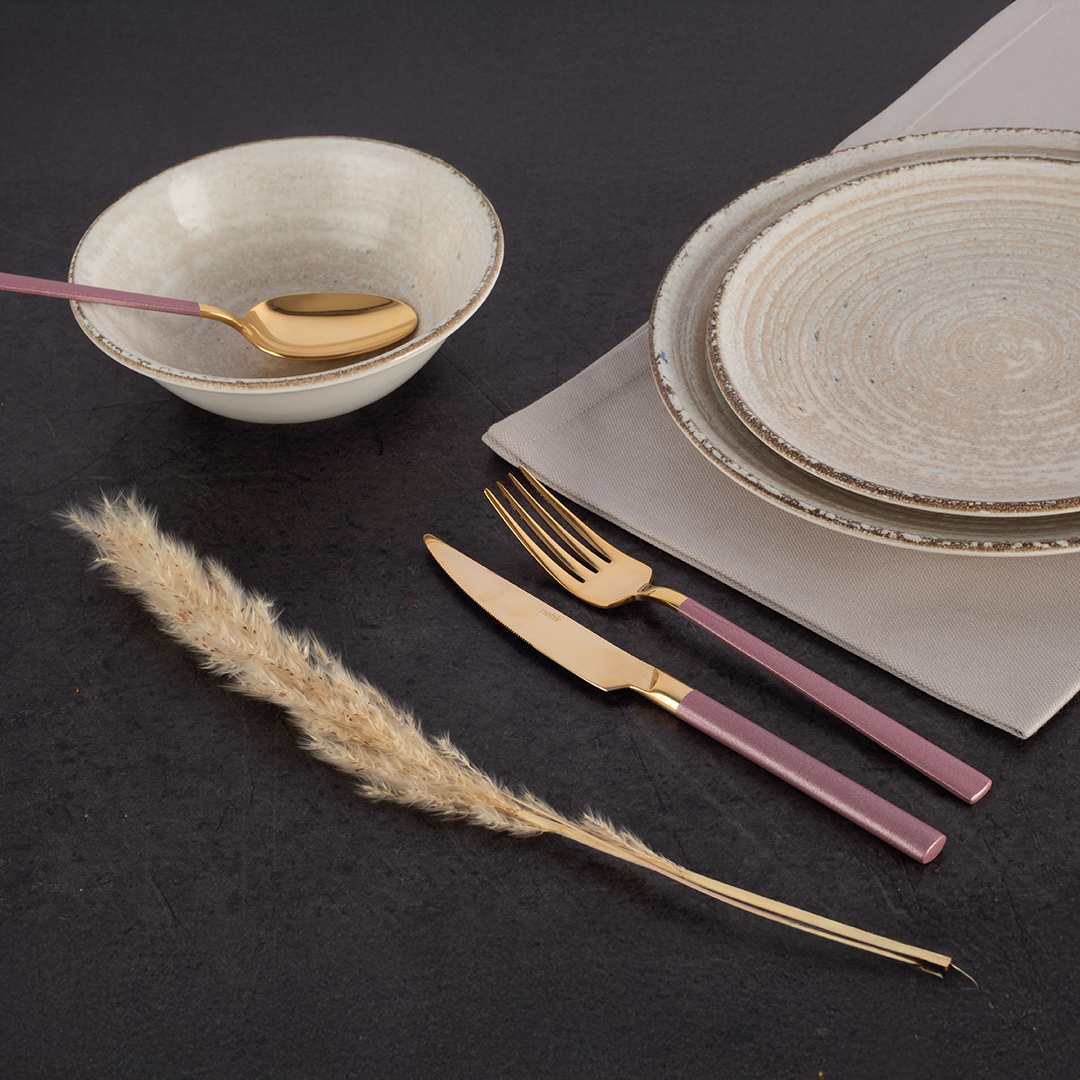 DALYAN - COLORS - Pink + Gold - 12 Person - 89 Piece - Boxed Cutlery Set