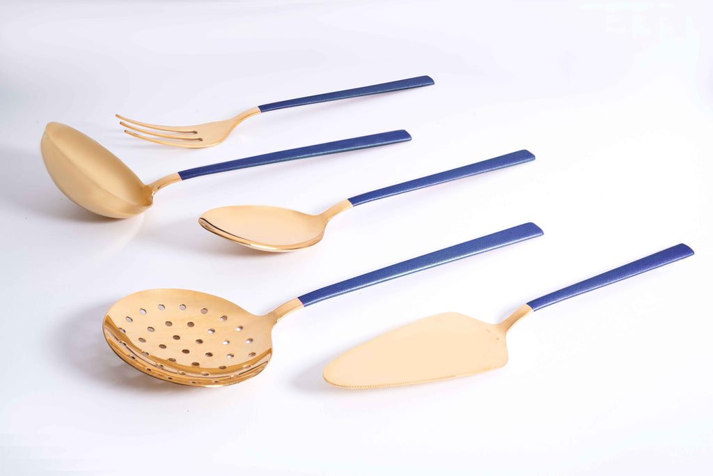 DALYAN - COLORS - Dark Blue + Gold - 12 Person - 89 Piece - Boxed Cutlery Set