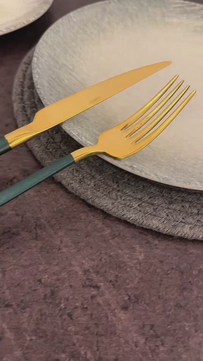DALYAN - COLORS - Green + Gold -12 Person - 89 Piece - Boxed Cutlery Set