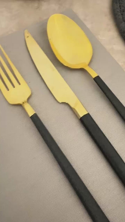 DALYAN - COLORS - Black + Gold - 12 Person - 89 Piece - Boxed Cutlery Set